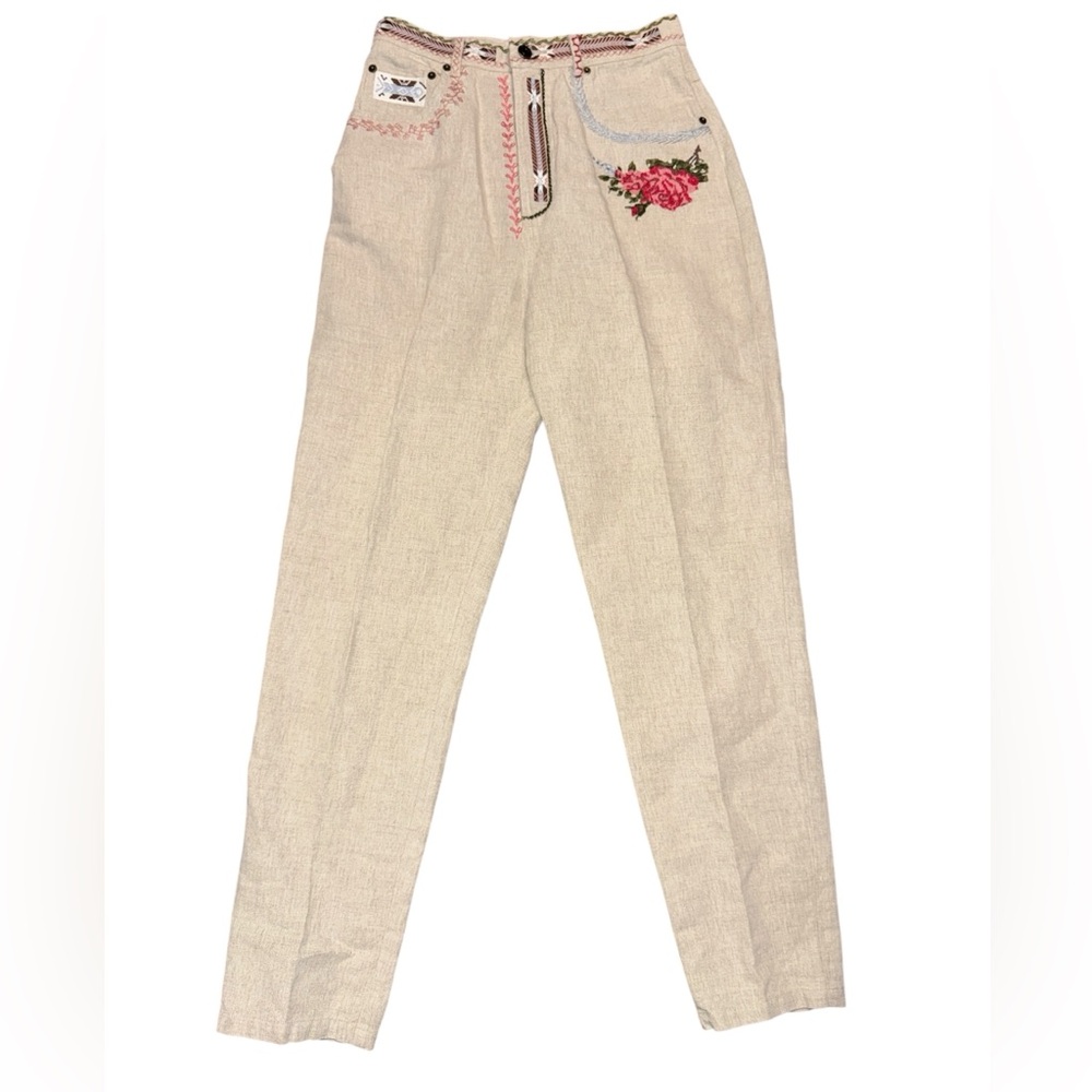 Cambridge Dry Goods Beige Straight Leg Linen Pants with Floral Embroidery